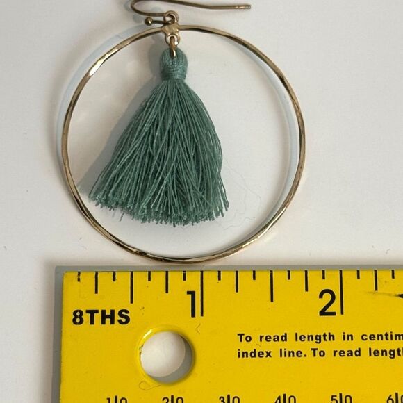 Gold Tone Green Tassel Round Drop Earrings - Picture 3 of 4